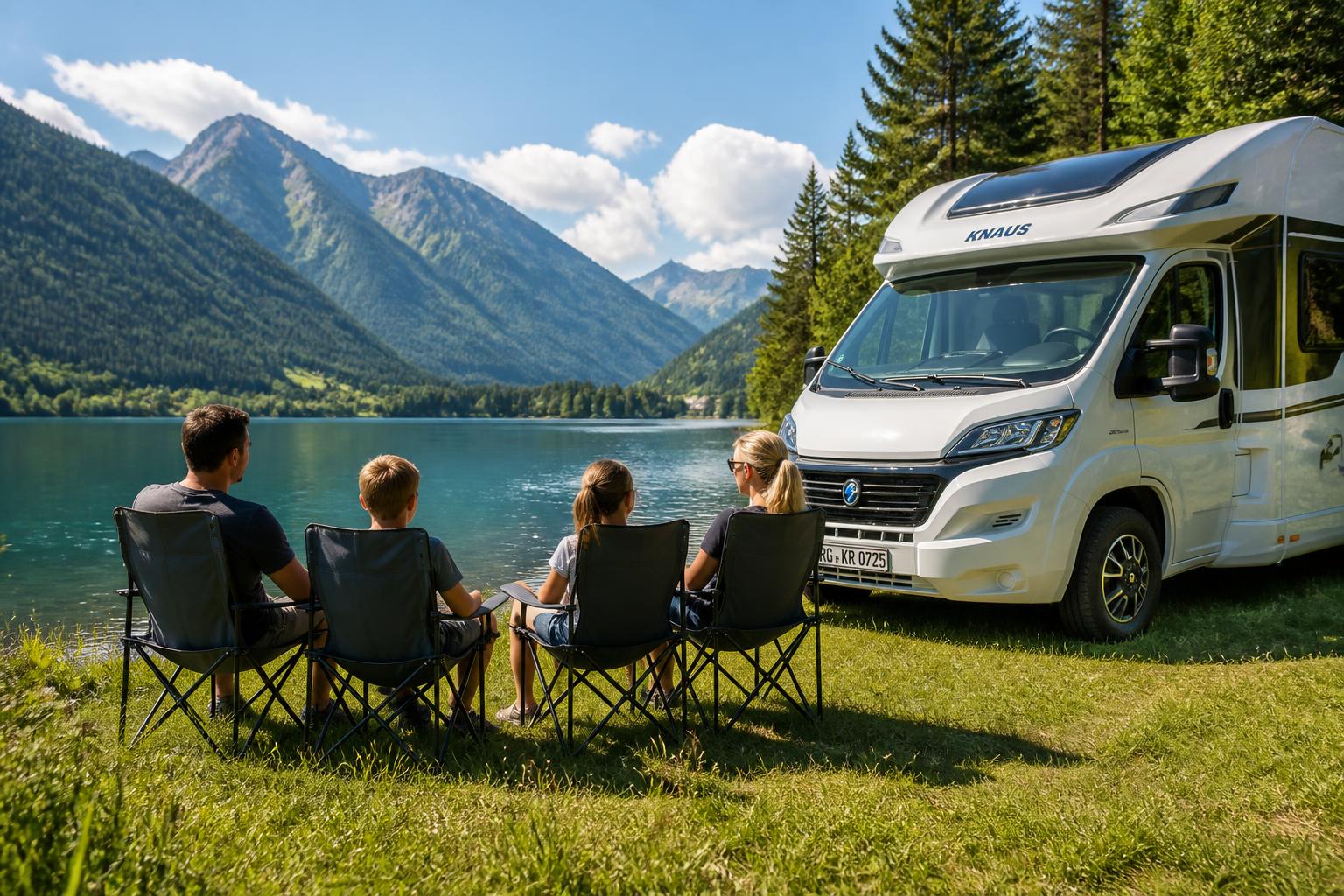 Familie mit Wohnmobil an einem Bergsee